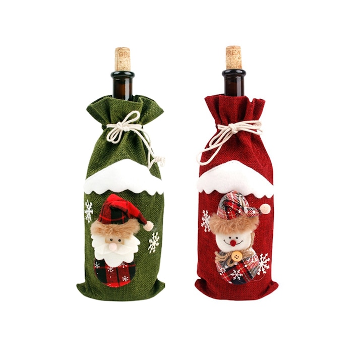 Комплект от 2 Коледни торбички за бутилка вино, Текстилни, Многоцветни