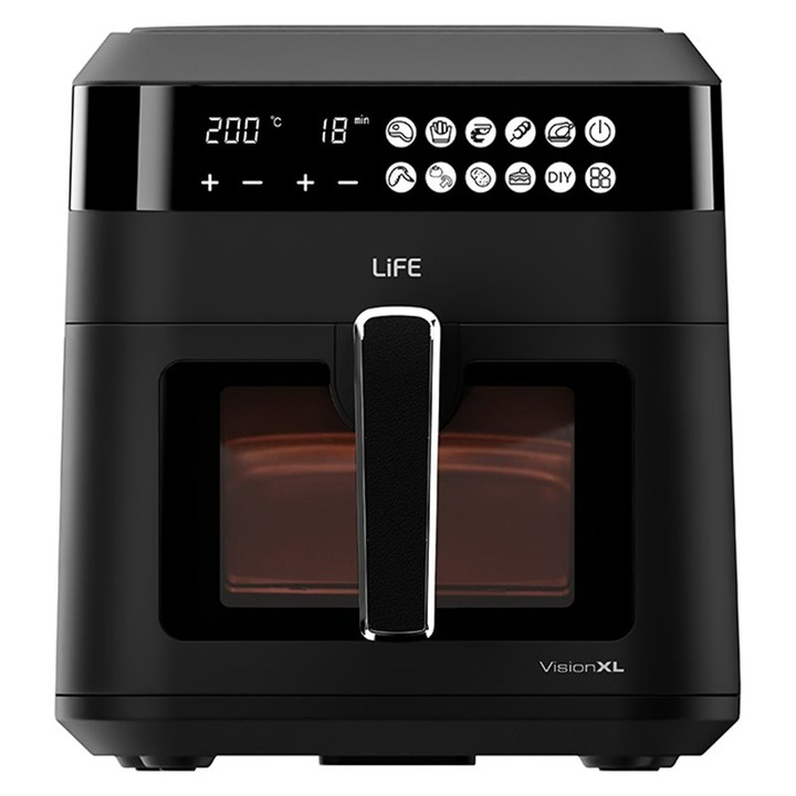 Friteuza aer cald 6 litri, rezistenta dubla, Cecotec DuoHeat 6000, 2200W, gatire 3D, 8 programe, fereastra