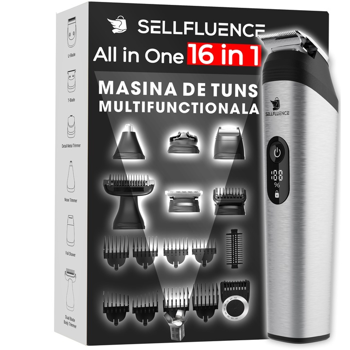 Masina de tuns si aparat de ras, Sellfluence All-in-One 16 in 1, par, barba, nas, inghinal si corp, rezistent la apa, wireless, 7000 rpm, autonomie 4-8 ore, negru/argintiu