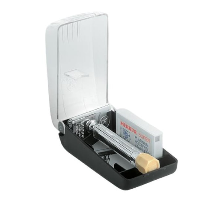 Комплект класическа самобръсначка, Калъф, Merkur Solingen, Сребрист/Черен