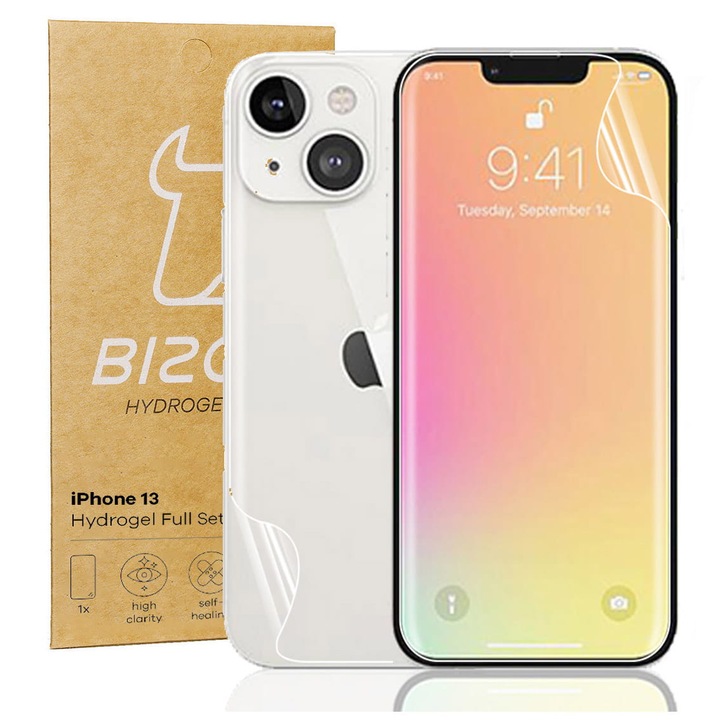 Set 2 folii de protectie Bizon, Fata/spate, pentru iPhone 13, Hidrogel, Transparent