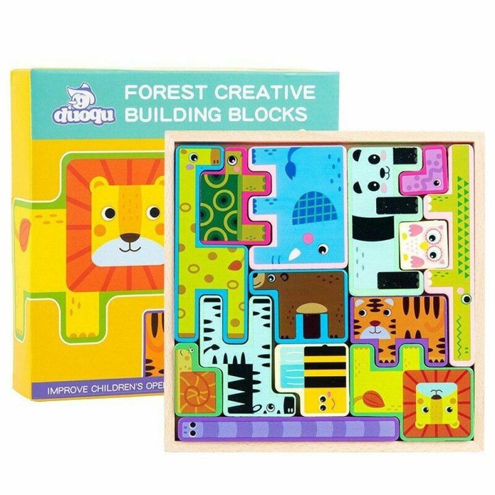 Joc tetris 3D Montessori cu animale din lemn - 14 piese