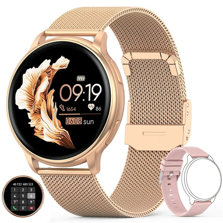 Ceas smartwatch, Kenoeestar™, Full Touch Display, Apelare Bluetooth, Notificari Apeluri/Sms/Social Media, Monitorizare activitati fizice, somn, ritm cardiac, pedometru, Auriu