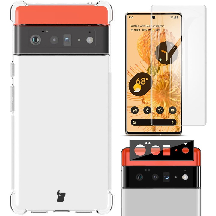 Комплект защита за телефон, Bizon, Калъф/2xФилио за екран/Филио за фотоапарат, Google Pixel 6 Pro, Прозрачен/Черен