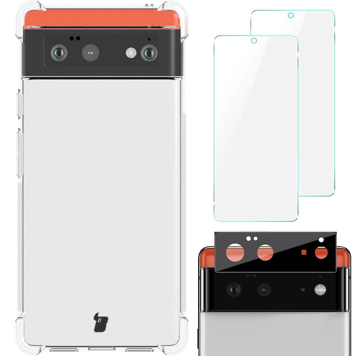 Комплект защита за телефон, Bizon, Кейс/2xФилио за екран/Фолио за фотоапарат, Google Pixel 6, Прозрачен/Черен