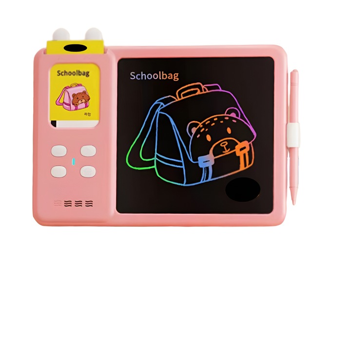 Tableta LCD interactiva educationala de scris si desenat pentru copii, cartonase cu 224 de cuvinte in limba engleza si redarea lor cu sunet, jucarie pentru invatarea limbii engleza, culoarea roz