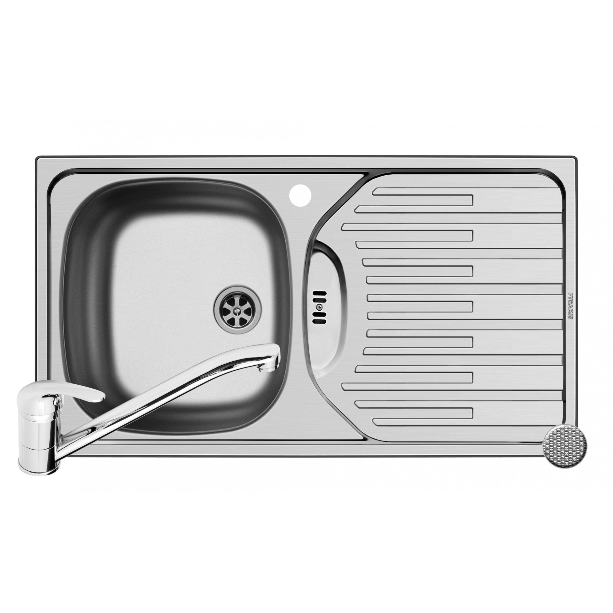 Pachet Pyramis chiuveta ET FORK si baterie ASALIA, 1 cuva 1 picurator, 780x435mm, adancime 150mm, cuva stanga, montare pe blat, finisaj antizgariere si cromat