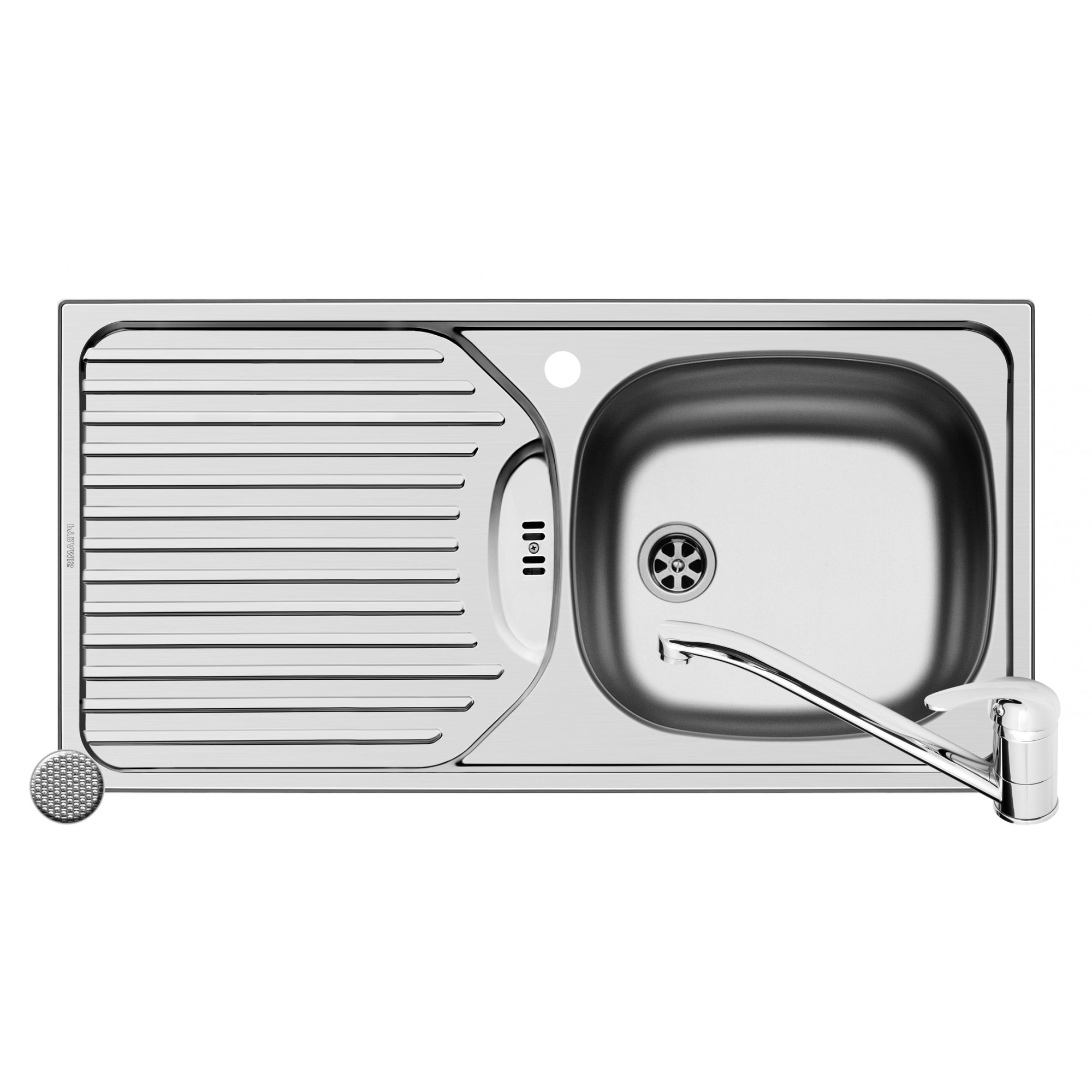 Pachet Pyramis chiuveta CA1 si baterie ASALIA, 1 cuva 1 picurator, 860x435mm, adancime 150mm, cuva dreapta, montare pe blat, finisaj antizgariere si cromat