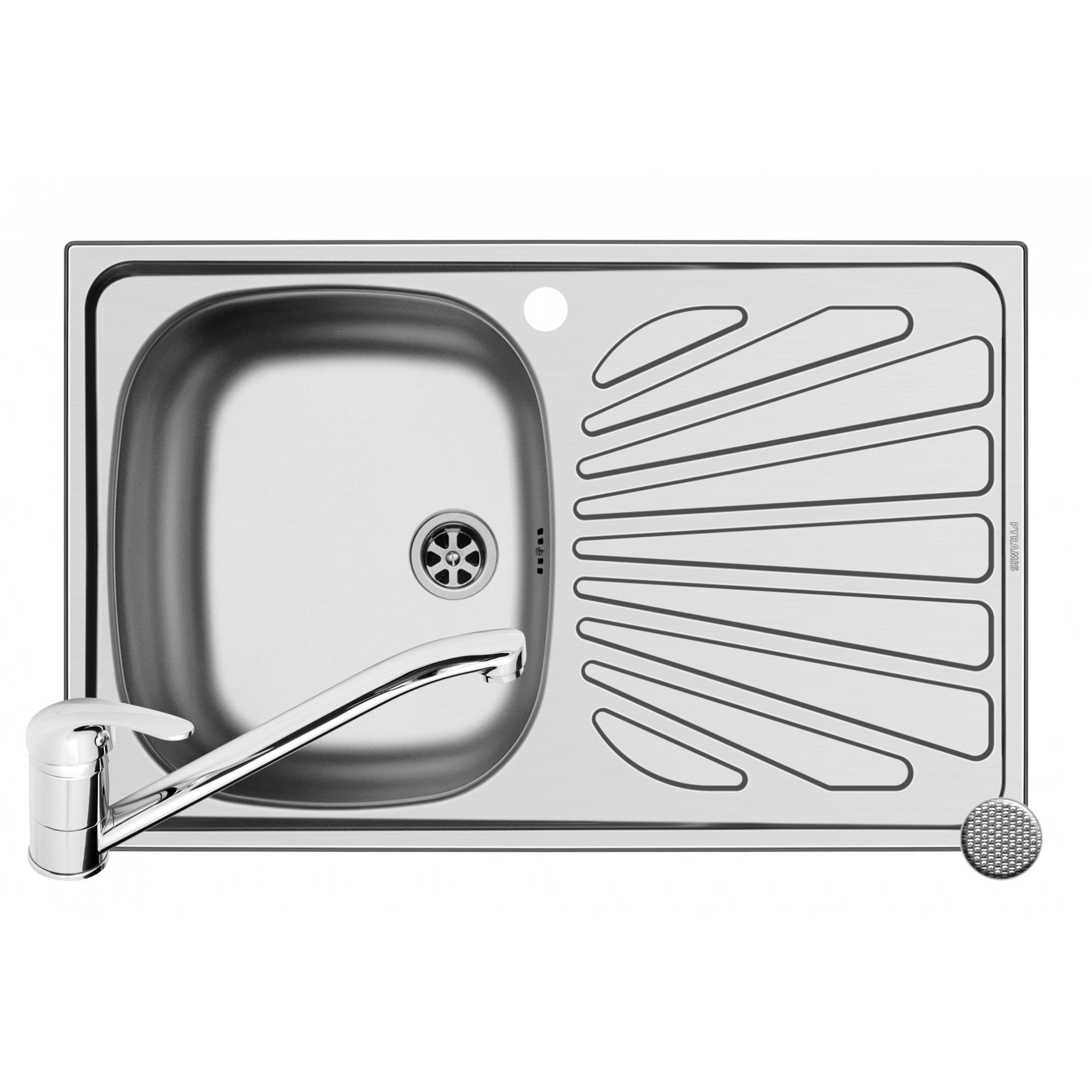 Pachet Pyramis chiuveta Creta si baterie ASALIA, 1 cuva 1 picurator, 755x480mm, adancime 150mm, cuva stanga, montare pe blat, finisaj antizgariere si cromat