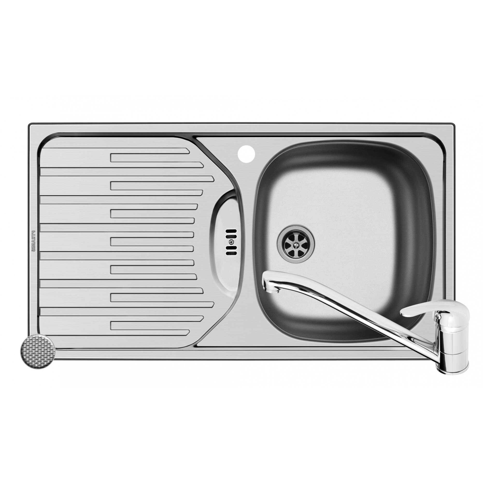 Pachet Pyramis chiuveta ET FORK si baterie ASALIA, 1 cuva 1 picurator, 780x435mm, adancime 150mm, cuva dreapta, montare pe blat, finisaj antizgariere si cromat