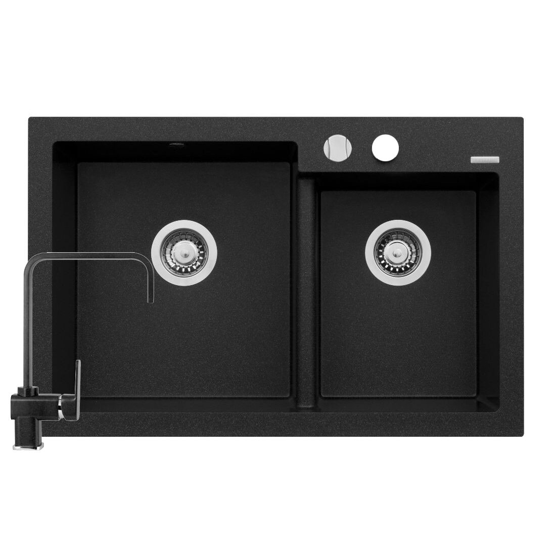 Pachet Pyramis chiuveta DIPLOS si baterie RAGGA, 2 cuve, 790x510mm, adancime 200mm, reversibila, montare pe blat, finisaj granit negru