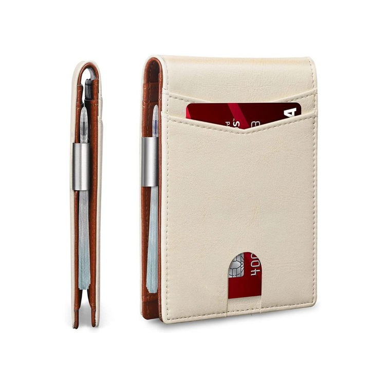 Portofel piele pentru barbati cu agrafa pentru bani USSPY, suport bifold pentru card de credit cu blocare RFID, bej maro