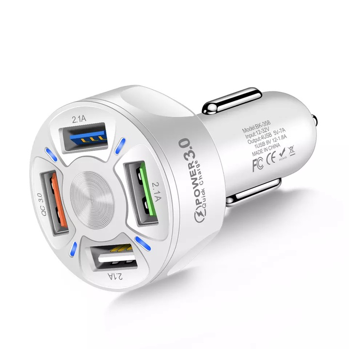 Зарядно устройство за кола, 20W-35W, 4 USB порта, напрежение 12-32V, 70x40 мм, съвместим с Android/Apple, бял