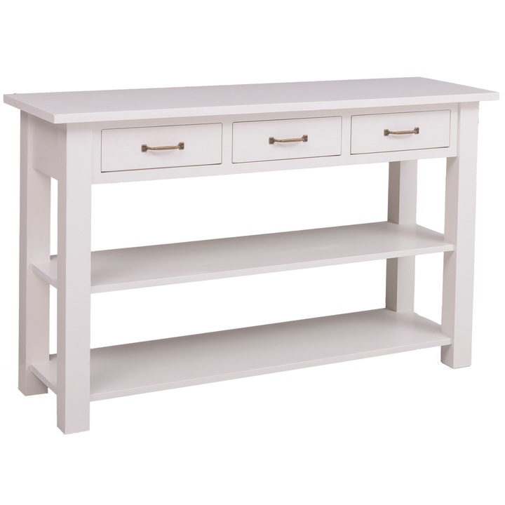 Consola cu 2 rafturi, 3 sertare cu sine, culoare alb murdar, vopsit, 100% lemn masiv, 145x45x89 cm