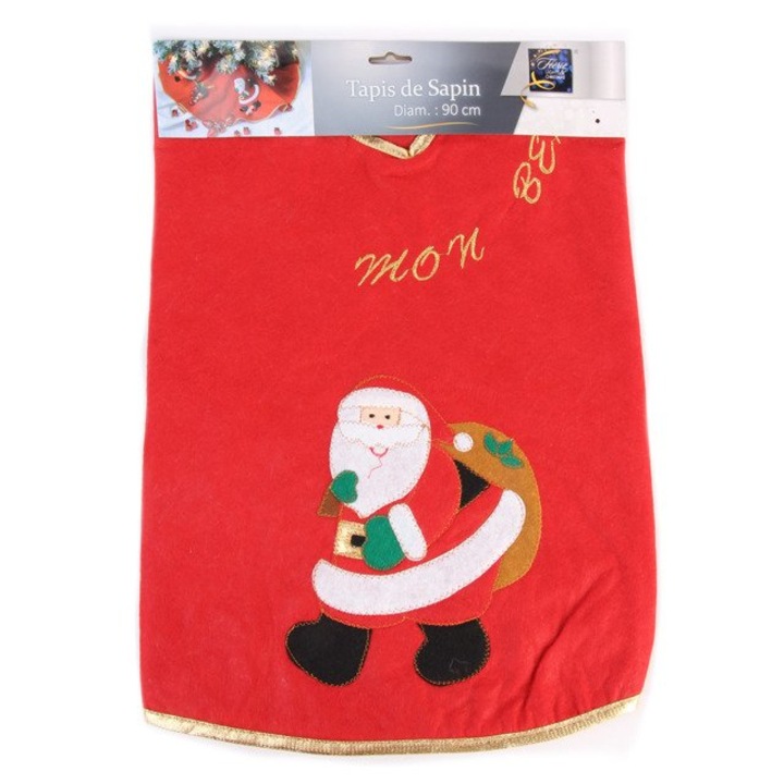 Covor decorativ pentru brad cu Mos Craciun, 90 cm, rosu