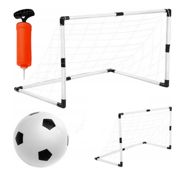 Set 2 porti de fotbal cu Minge SOLTOY® Footbal 2in1, posibilitate extindere poarta, pompa pentru umflat, plasa pentru porti si carlige fixare