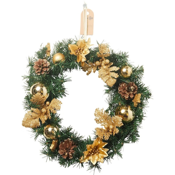 Műkarácsonyi koszorú, arany földgömbökkel, 45 cm-es, tarka színben