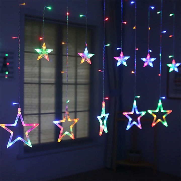 Instalatie de Craciun Tiessa, cu 12 stele, tip perdea luminoasa, multicolor