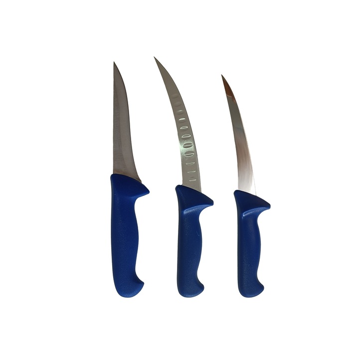 Set 3 cutite profesionale macelarie coshop®, 2 cutit dezosat si degresat, 1 cutite filetat, otel inoxidabil, albastru