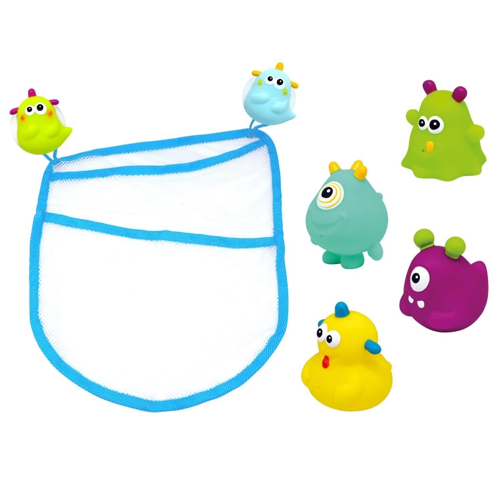 Set saculet si 4 jucarii de baie tasnitoare Happy Monster