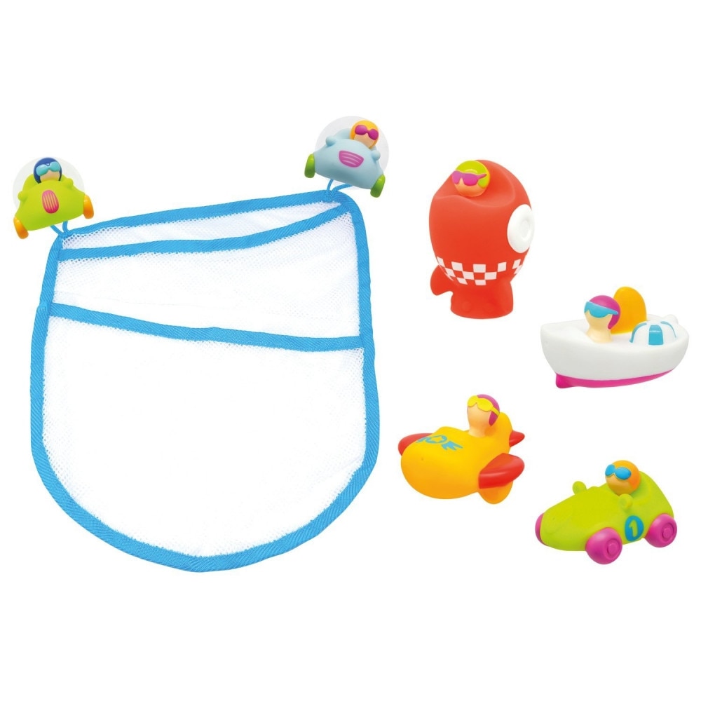 Set saculet si 4 jucarii de baie tasnitoare Vroom Vroom