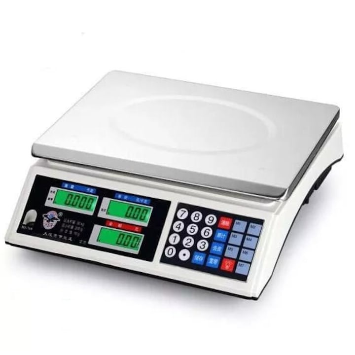 Andowl Kereskedelmi digitális mérleg, 40 kg, professzionális mérleg, LCD kijelző, rozsdamentes acél mérleg, bolti mérleg, piaci kereskedelmi mérleg, fehér