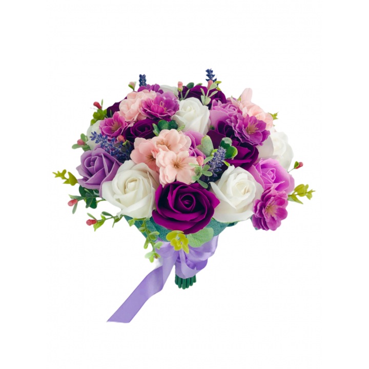 Eventissimi Csokor, egyedi, közepes méretű, rózsákkal, orchideákkal, hortenziával, lila, fehér, rózsaszín, zöld