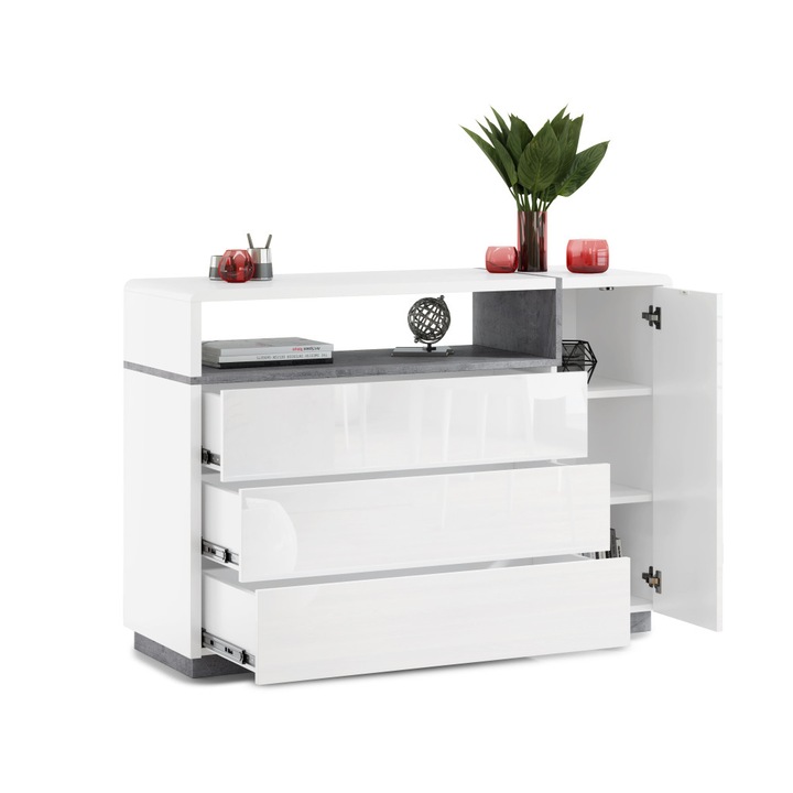 Nagy komód, Mazzoni, FOLK K-135, Matt fehér, Fehér fényű, Beton, 135 x 45 x 93,5 cm