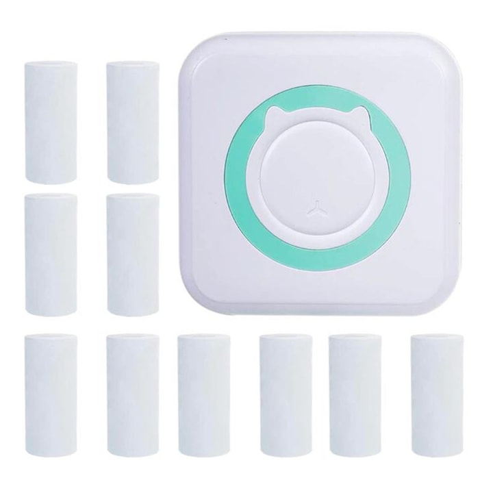 Комплект мини термопринтер MorFansi, 10 хартиени ролки, 57x25 мм, Bluetooth, Съвместим с iOS/Android, APP печат, 1200 mAh, Бял / Син