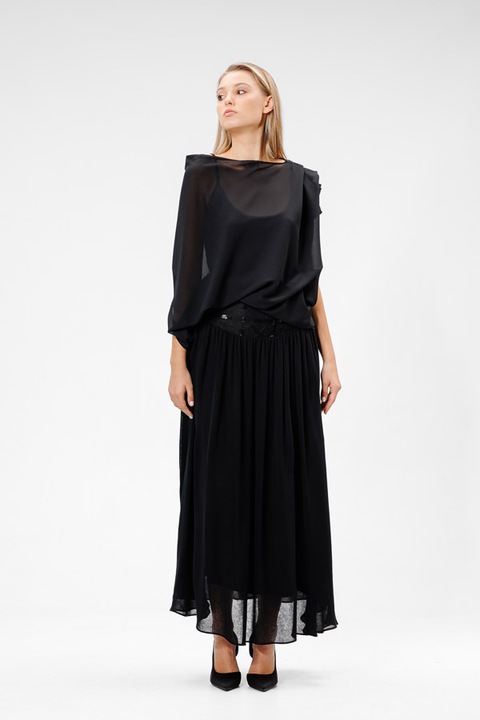 Fusta dama, RVL Fashion, lunga, cu basc din paiete, neagra, D3417