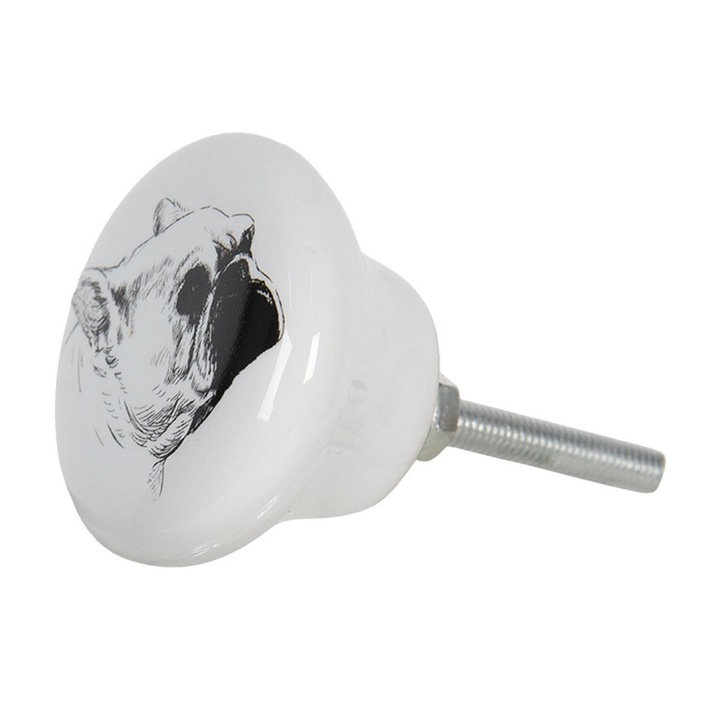 Buton mobila din fier si ceramica alba neagra Dog 4x2 cm