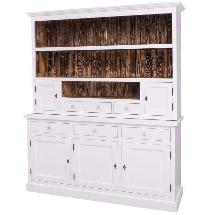 Bufet 5 usi, 6 sertare, 3 rafturi, culoare exterior alb, interior maro, periat adanc, 100% lemn masiv, 179x50x210
