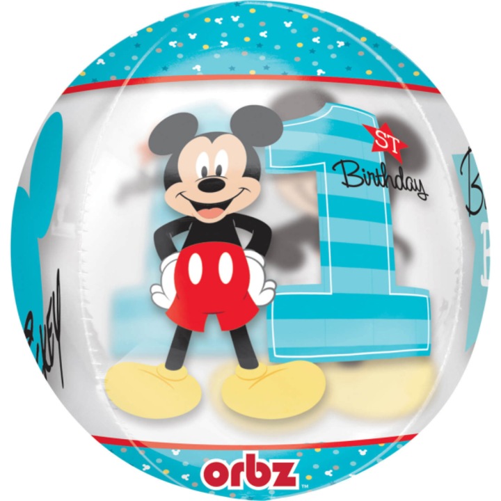 Кръгъл фолиев балон, многоцветен, 40 см, first birthday, Mickey Mouse, Disney