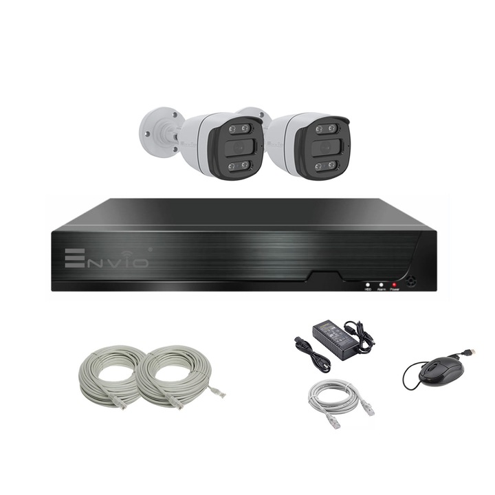 Kit/sistem supraveghere video complet ENVIO IP POE cu 2 camere Full Color 4MP PESS-KIT2CHBFP60H400-W