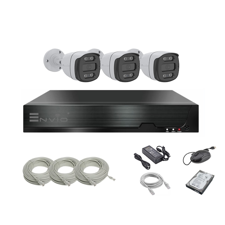 Kit/sistem supraveghere video complet ENVIO IP POE cu 4 camere Full Color 4MP PESS-KIT4CH3BFP60H400W1DFM70H400WM