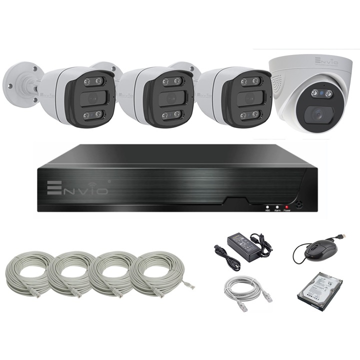 Kit/sistem supraveghere video complet ENVIO IP POE cu 3 camere Full Color 4MP PESS-KIT3CHDFM70H400-WMHDD