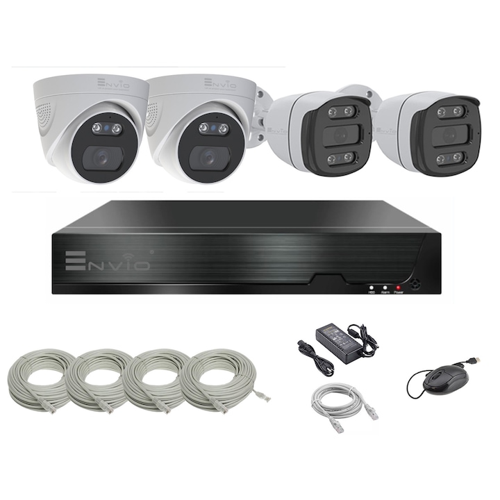 Sistem supraveghere analog Hikvision, 4 camere 5MP dual light audio, DVR 4 canale 5MP, accesorii