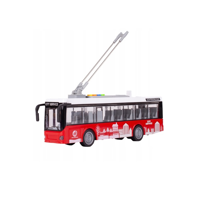 Autobuz interactiv cu design realist, usi mobile, 4 butoane functionale cu sunete autentice, lumini interioare, dimensiune 27 cm x 8.5 cm x 6 cm, City Service