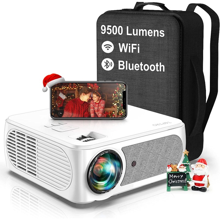 Видео проектор, WiFi, 5G, Bluetooth, 9500 лумена, 1080P Full HD, 4K, 4P/4D корекция на трапецовидното изкривяване, Контраст 15000:1, Съвместим с iOS/Android, PS5, HDMI, AV, USB, TV Stick, Toptro X3