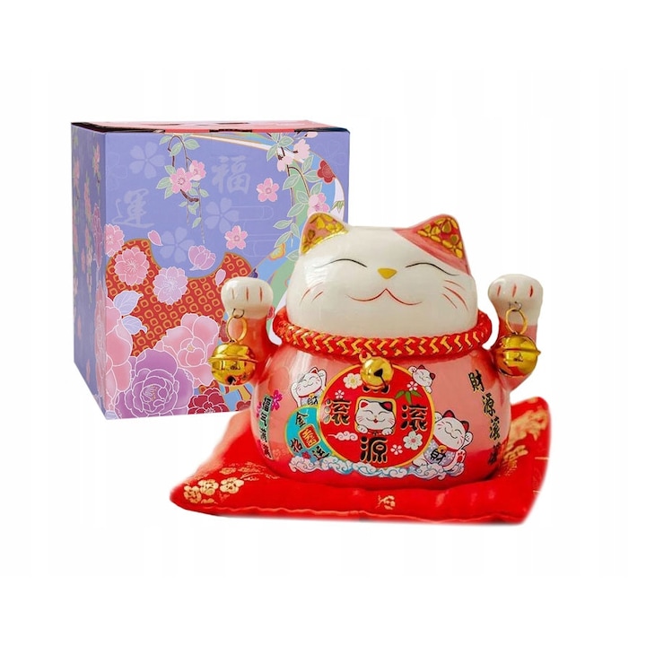 Pusculita din ceramica Maneki-Neko, pisica fericirii japoneza, roz/rosu/aurie/alb, 12 x 10,5 x 10 cm