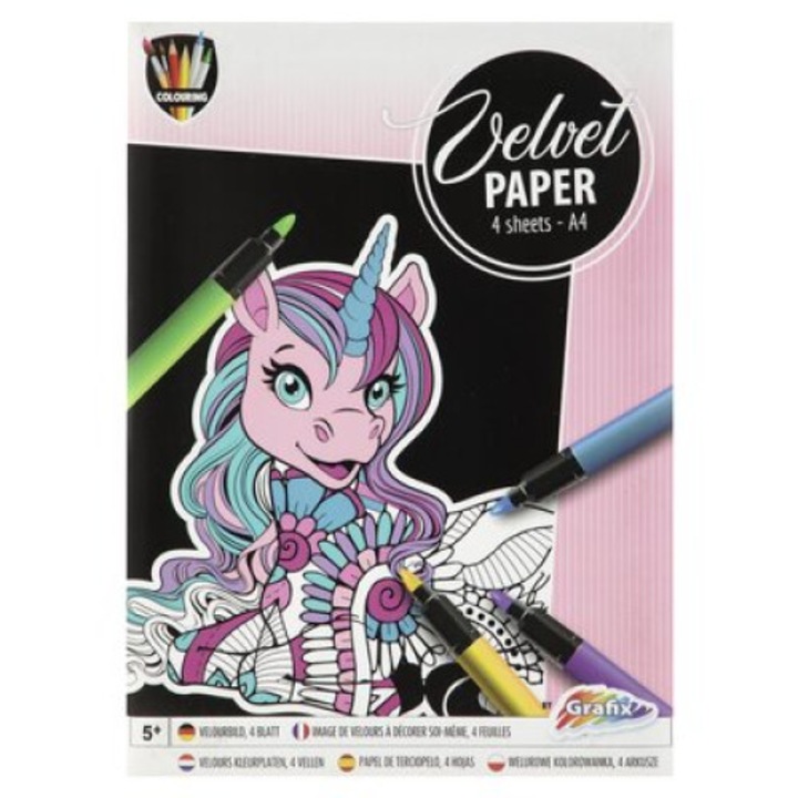 Set pictura 4 planse de colorat catifelate model Unicorn, marime A4, fundal negru