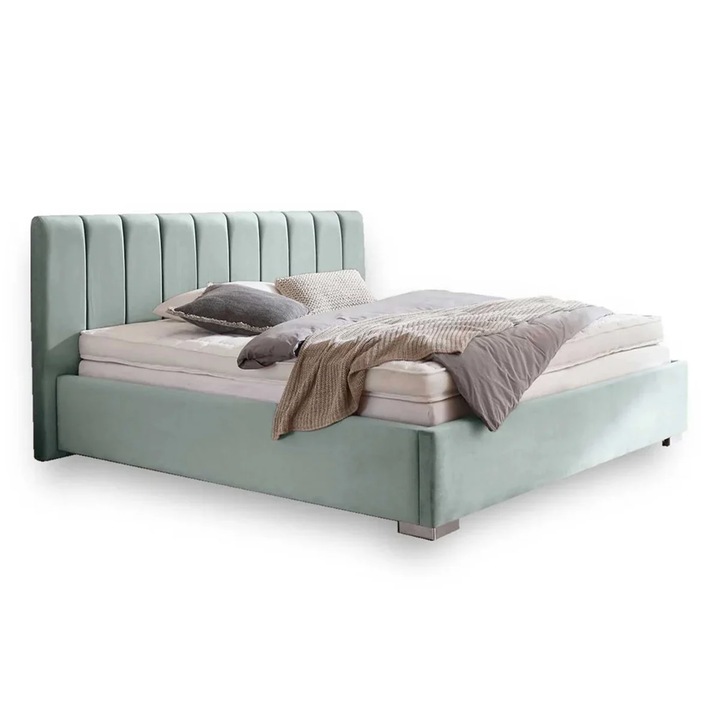 Pat Tapitat, Prestige, Santiago, 160x200 cm, cu somiera rabatabila si lada de depozitare, Tapiterie din Catifea, Menta