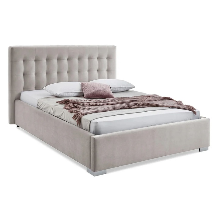 Pat Tapitat, Prestige, Strasbourg, 120x200 cm, cu somiera rabatabila si lada de depozitare, Tapiterie din Catifea, Bej