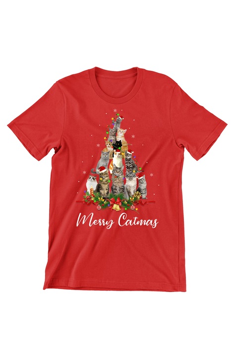 Дамска тениска, Коледна котка, Fluffy Merry Christmas, червена, S