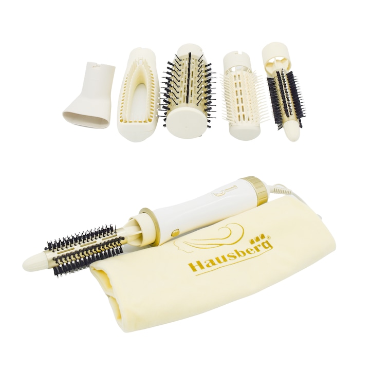Електрическа четка за коса Hausberg Hair Care Stylers, HB-19AB, 1000W, 6 вида аксесоари, 3 степени на нагряване, 2 скорости, бяло/златно