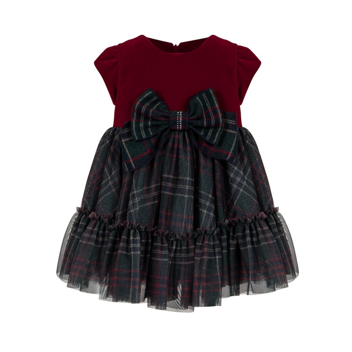 Rochie catifea rosie si voal carouri 692, Multicolor