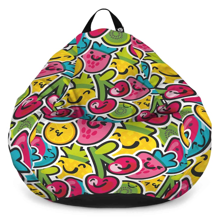 Fotoliu Updeco Puf Bean Bag tip para XL, impermeabil, indoor/outdoor, sac interior, cu maner, 90 x 90 x 60 cm, Kawaii Fruits