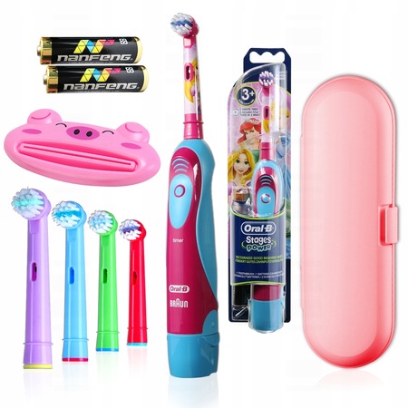 Set periute de dinti electrice pentru copii, Oral-B, 4 varfuri suplimentare (de inlocuire), husa de calatorie pentru periuta de dinti, storcator de porci