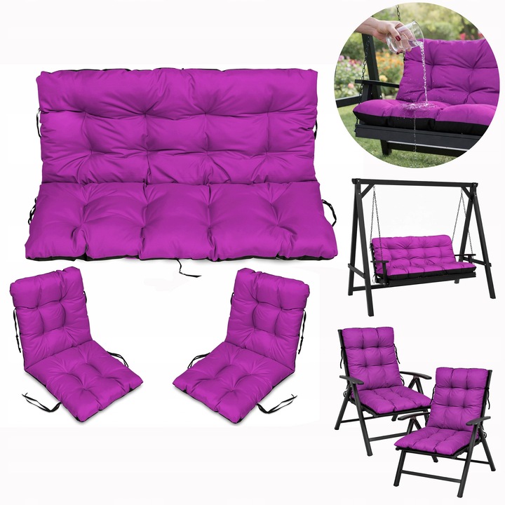 Set Perne scaun terasa, gradina, 3 piese, 140x60x50 + 2x 48x48x48 cm, exterior, impermeabila, pentru banca, fotoliu, Fucsia, Superkissen24
