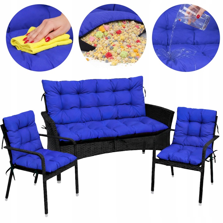Set Perne scaun terasa, gradina, 3 piese, 180x60x50 + 2x 48x48x48 cm, exterior, impermeabila, pentru banca, fotoliu, Albastru, Superkissen24